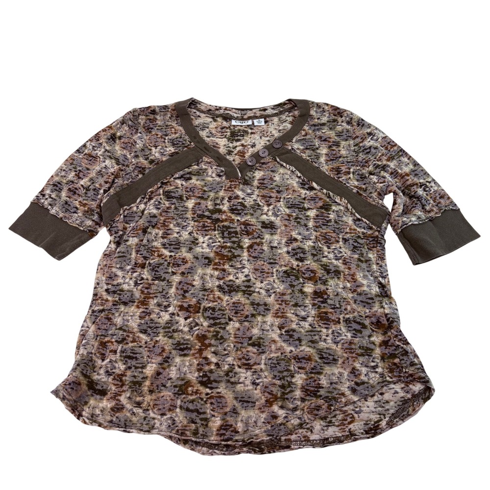 Cato Womens XL Henley Burnout Knit Top Brown‎ Olive Green Abstract Print Short